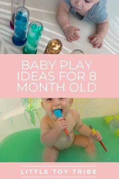 a baby plays in a bathtub with toys and water on the floor, while holding a toothbrush