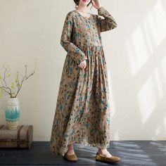 Women's Vintage Floral Dress A Line Crew Neck Cotton Linen Holiday Vacation Maxi Dress Fall Shift Maxi Dress, Long Beige Dress For Spring, Beige Long Dress For Spring, Long Beige Spring Dress, Long Floral Print Dress For Spring, Beige Long Sleeve Floral Dress For Spring, Casual Winter Maxi Dress With Floral Print, Non-stretch Midi Dress For Spring, Spring Beige Non-stretch Dresses