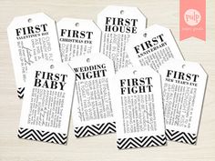 six wedding tags with the words first and first