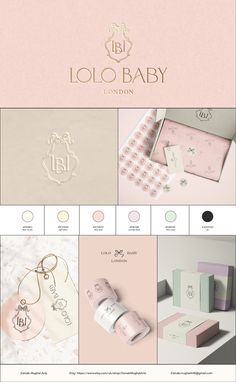 the logos and packaging designs for baby products are shown in pink, white and gold