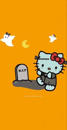 hello kitty is sitting in front of a grave