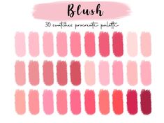 the swat list for blush, which includes 30 shades of pink and peaches in different shades