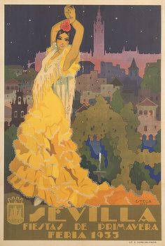 an old poster with a woman in a yellow dress