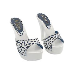 Clogs with white lacquered base, (in polyurethane) White leather band with spotted pattern | 13 cm heel + 4 cm platform. Stable and comfortable made entirely in ITALY. Craftsmanship. BEFORE COMPLETING YOUR PURCHASE DO NOT FORGET TO CHECK THE SIZE! White Platform Clogs In Synthetic Material, White Platform Clogs For Summer, White High Heel Platform Clogs, White Clogs With Wooden Open Heel, White High Heel Clogs With Wooden Heel, High Heel Clogs, Beautiful Heels, Clog Heels, Leather Clogs