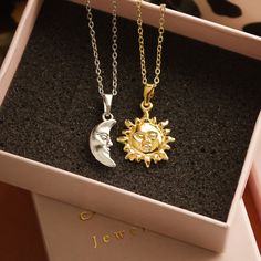 Sun And Moon Celestian Couple Minimalist Dainty Pendant Necklace, 24K Gold Plated Brass, Birthday Gift, Gift for Her, Astrology Necklace ♡ Comes to you in an elegant and pretty box. Ready to give as a gift ♡ The pendants is gold plated brass. ♡ The chain is Stanless steel. Resistant to tarnish. ♡ The chain length of the product is 16 inches/40 cm - 1.9 inch/5 cm extension chain ♡ To prevent the color of your jewelry from fading; Care should be taken to avoid contact with external factors such as water, perfume, cream. ♡ Keeping your jewelry in a pouch or a box after using it will prolong the life of your jewelry. ♡ You can do your product maintenance with a cotton-soft dry cloth. ♡ Full address, contact person, and phone number are required for the shipping. ♡ The necklace will be speciali Gold Charm Necklace With Sun And Moon Design Gift, Gold Charm Necklaces With Moon Phase As Gift, Yellow Gold Charm Necklaces With Sun And Moon Design, Couple Minimalist, Dainty Pendant Necklace, Astrology Necklace, Dainty Pendant, Pretty Box, Sun And Moon