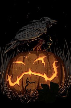 a carved pumpkin sitting in the grass with a crow on top