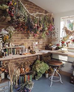 a room filled with lots of different types of flowers and plants hanging from the wall