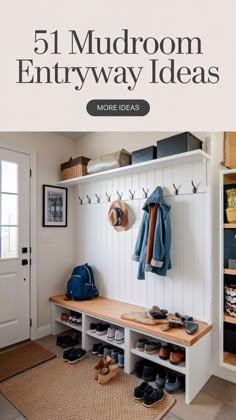 a mudroom with shoes and coats on it