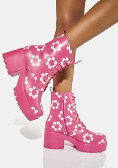 Heel Combat Boots, Koi Footwear, Funky Shoes, Daisy Print, Platform Heel, Pink Shoes, Pretty Shoes, Pull Tab, Pink Flower