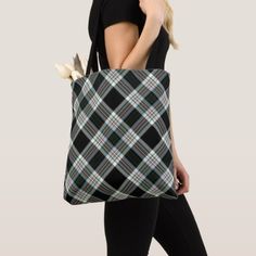 Black White Green Tartan Plaid Tote Bag - classic gifts gift ideas diy custom unique Light Blue Plaid, Plaid Tote Bag, Plaid Tote, Green Tartan, Beige Plaid, Monogram Tote Bags, Black Gifts, Monogram Tote, Personalized Tote Bags