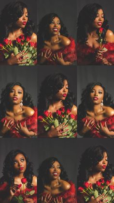 a collage of different images of a woman holding roses in her hands and looking at the camera