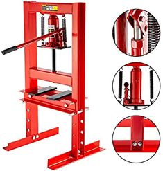 an image of a red hydraulic jacking machine with two pictures showing how to use it