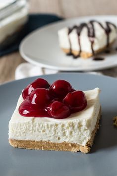 there is a piece of cheesecake with cherries on it