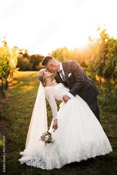 a bride and groom kissing in front of the vineyard at their wedding day photo shoot