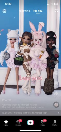 three dolls are standing next to each other in front of a window with the caption bear ears