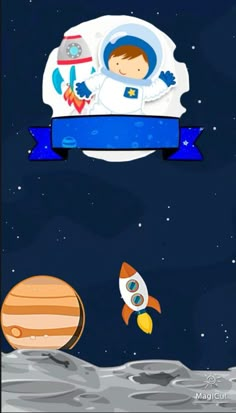 an astronaut is flying over the moon with his rocket and planets in the sky behind him