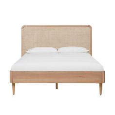 the headboard and foot board of a bed with white linen on it, against a white background