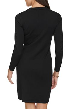 A rhinestone logo shimmers against this cozy sweater dress that's perfect to throw on when the temp drops. Slips on over head Crewneck Long sleeves 75% rayon, 25% nylon Machine wash, line dry Imported Black Fitted Crew Neck Sweater Dress, Black Fitted Sweater Dress With Crew Neck, Elegant Long Sleeve Sweater Dress With Ribbed Neckline, Elegant Crew Neck Sweater Dress With Stretch, Elegant Fitted Crew Neck Sweater Dress, Cozy Sweater Dress, Long Sleeve Sweater Dress, Cozy Sweater, Sleeve Sweater