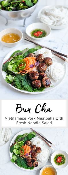 vietnamese pork meatballs with fresh noodle salad on a white marble countertop and text bun cha