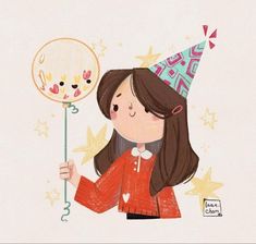 a drawing of a girl holding a balloon with a party hat on it's head