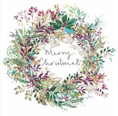 a wreath with the words merry christmas written in black ink on white paper and surrounded by greenery