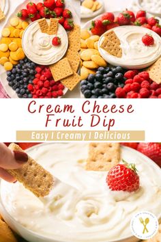 an image of cream cheese fruit dip with crackers and strawberries on the side