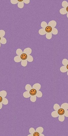 a purple background with small white flowers and smiley faces on the center one flower has been drawn to look like it is smiling