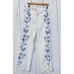 Jw Workshop Johnny Was Sz L 100% Linen Embroidered White Blue Floral Whimsy Wide Leg Pants New Without Tags White, Cornflower Blue Embroidery 100% Linen Machine Wash Blue Straight Leg Bottoms With Floral Embroidery, Blue Floral Embroidered Wide Leg Bottoms, Blue Embroidered Spring Pants, Embroidered Blue Straight Leg Pants, Blue Embroidered Straight Leg Pants, Spring Wide Leg Bottoms With Chikankari Embroidery, Embroidered Straight Leg Summer Pants, Blue Straight Leg Pants With Floral Embroidery, Summer Linen Bottoms With Floral Embroidery