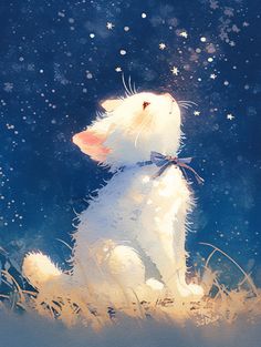 a painting of a white cat sitting in the snow looking up at the stars above it