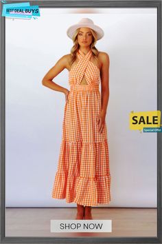 Sexy Backless Waist Dress Temperament Plaid Plus Size Black Dresses Orange Backless Dress For Spring, Spring Orange Backless Dress, Non-stretch Halter Neck Sundress, Flirty Backless Maxi Dress For Summer, Orange Backless Dress For Day Out, Orange Backless Summer Dress, Orange Halter Neck Dress For Day Out, Orange Backless Sundress, Orange Sundress For Beach Party