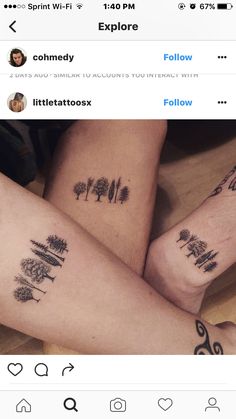 two people with matching tattoos on their legs, one has trees and the other has words