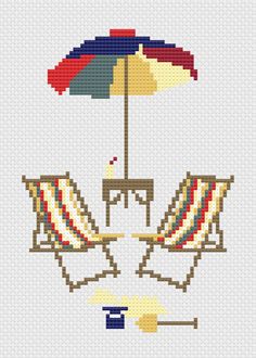 the cross stitch pattern shows two beach chairs with an umbrella over them, and one chair under it