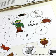 the mitten worksheet is shown with pictures of animals and birds on it