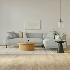 a modern living room with white walls and wood flooring