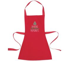 a red apron with the words baking memories printed on it and an image of a christmas tree