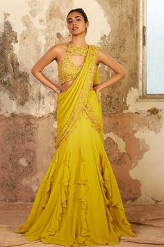 Shop for Shloka Khialani Yellow Georgette Ziya Pre-draped Saree With Blouse for Women Online at Aza Fashions Ruffled Saree, Sari Style, Embellished Crop Top, Ruffle Pattern, Saree Style, Ruffle Saree, Yellow Saree, Drape Saree, Gold Hand