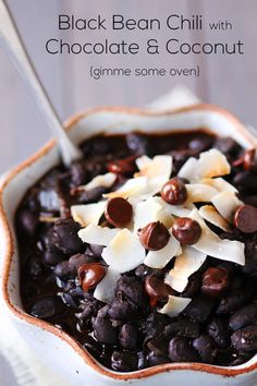 black bean chili with chocolate and coconut in a bowl