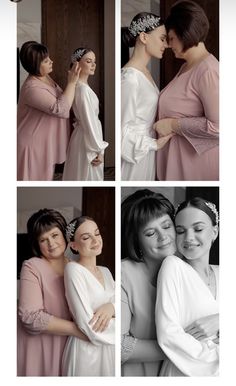 four different pictures of women in dresses and tiaras, one is hugging the other