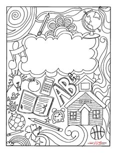 a coloring page with an image of school supplies in the sky and clouds above it