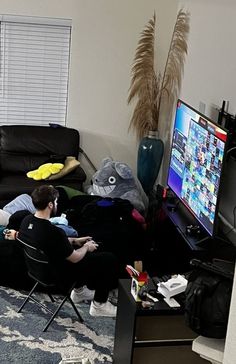 two people sitting in front of a flat screen tv