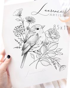 a drawing of a bird sitting on top of a piece of paper next to flowers