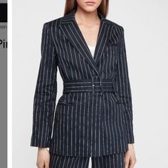 Express Nwt Pinstripe Belted Boyfriend Blazer Small Coat Jacket Women Discontinued Pinstripe Belted Boyfriend Blazer Small This Pinstripe Boyfriend Blazer Boosts Your Confidence And Style For Boardroom Meetings And After-Hour Meet-Ups. A Belted Waist And Linen Blend Fabric Make The Look Sophisticated And Comfortable. Features & Fabric Peak Lapels; One Snap Front; 28'' Long Long Sleeves; Welt Chest And Hand Pockets Buckle Adjustable Belted Waist Full, Silky Lining; Center Back Vent Straight Hem P Luxury Semi-formal Leather Jacket With Button Closure, Cider Clothing, Coat Jacket Women, Blazer With Belt, Hot Pink Blazers, Boyfriend Blazer, Clothing Details, Blazer And Shorts, Trendy Clothes For Women