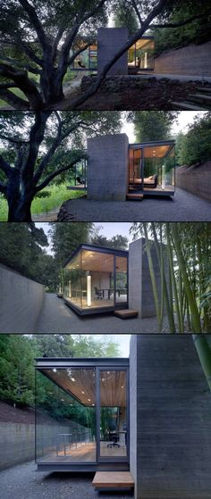 four different views of the inside and outside of a house with trees in the background