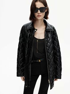 MO&Co. Women's Black Vegan Faux Leather Loose Quilted Jacket