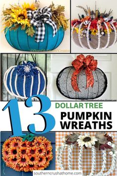 13 dollar tree pumpkin wreath ideas with buffalo check and wooden beads Dollar Tree Wire Pumpkin, Wire Pumpkin Wreath, Pumpkin Wreath Form, Wire Pumpkin, Pumpkin Wreath Diy, Dollar Tree Flowers