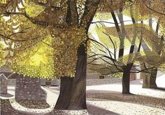 a painting of trees with yellow leaves on them and houses in the distance behind it