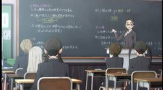 an anime teacher teaching students in front of a blackboard