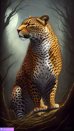 a painting of a leopard sitting on top of a tree branch in front of a full moon