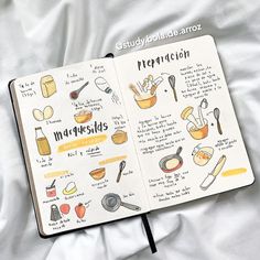 an open notebook with some food on it and the words preparation written in cursive writing