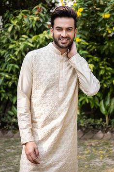 Shop for Darshika Menswear Beige Silk Blend Thread Embroidered Kurta Set for Men Online at Aza Fashions Beige Kurta, Kurta Set For Men, Embroidered Motifs, Beige Silk, Thread Work, Fabric Silk, Churidar, Kurta Set, Full Sleeves